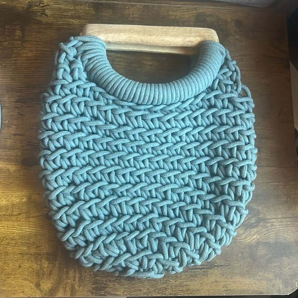A New Day Blue Macrame/Crocheted Handbag Purse with Wood Handles - Picture 3 of 13